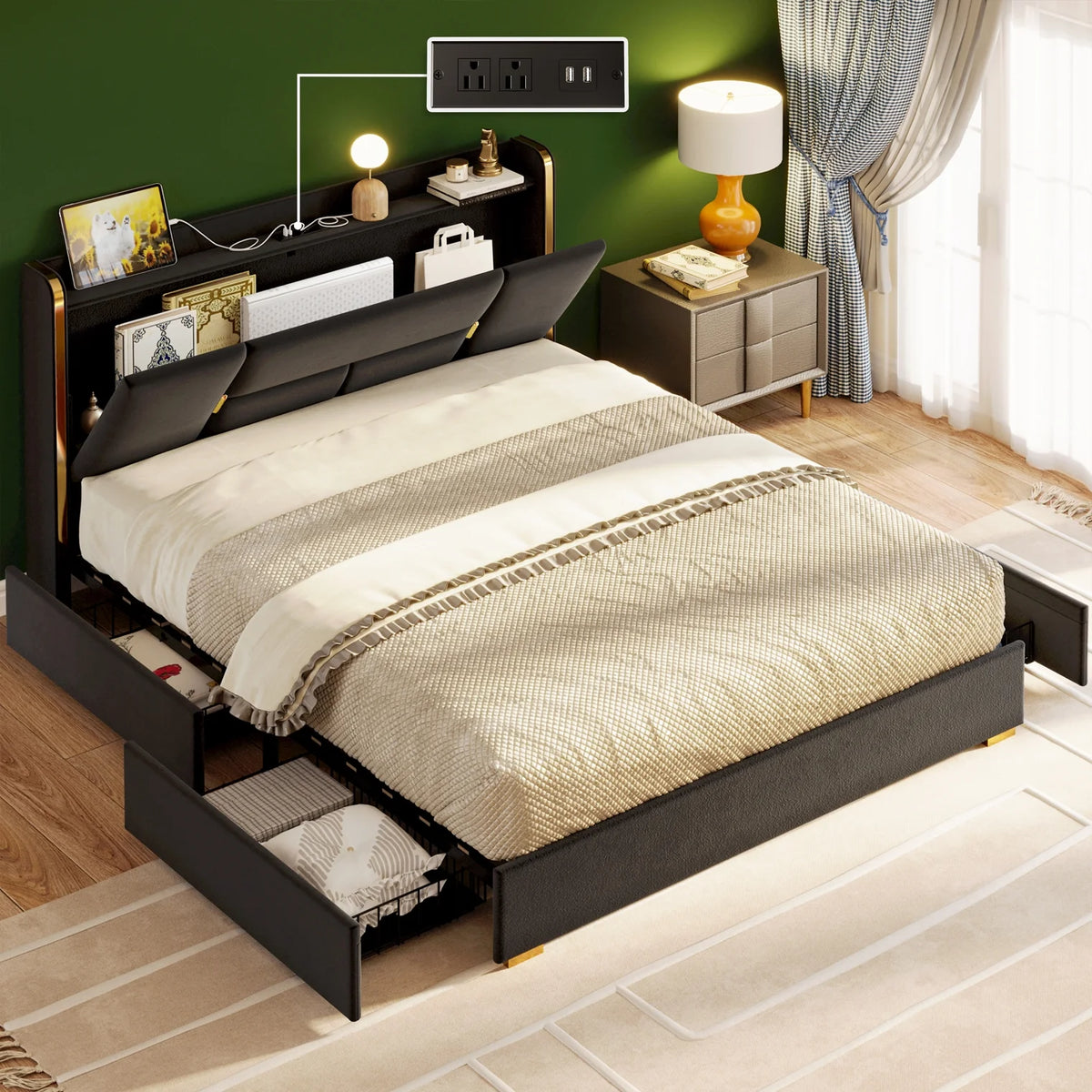 Queen Bed Frame with Storage Headboard and 4 Under-bed Drawers M2275