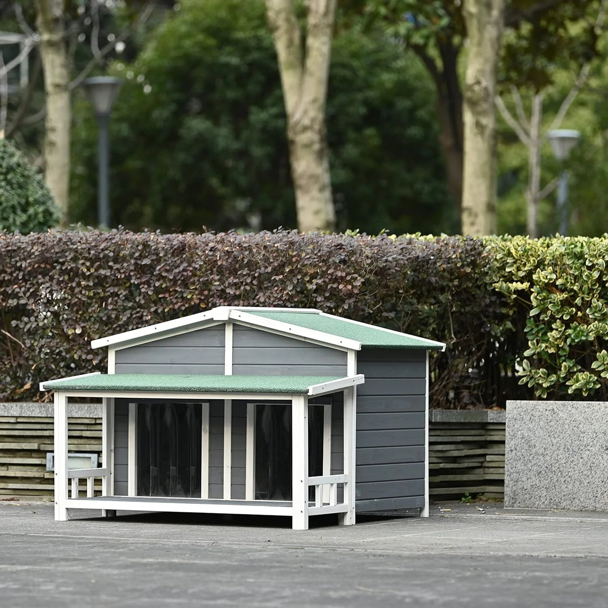 Gray Green Wooden Dog House with Porch 2 Doors I76606