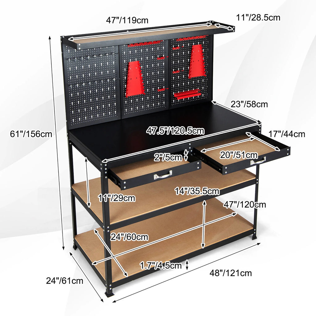 48'' Workbench with Peg Board Hook Kit & Drawers V8807