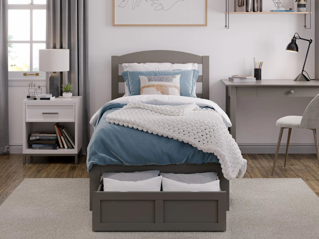 Grey Twin XL Wood Platform Bed Frame with Foot Drawer Storage S587