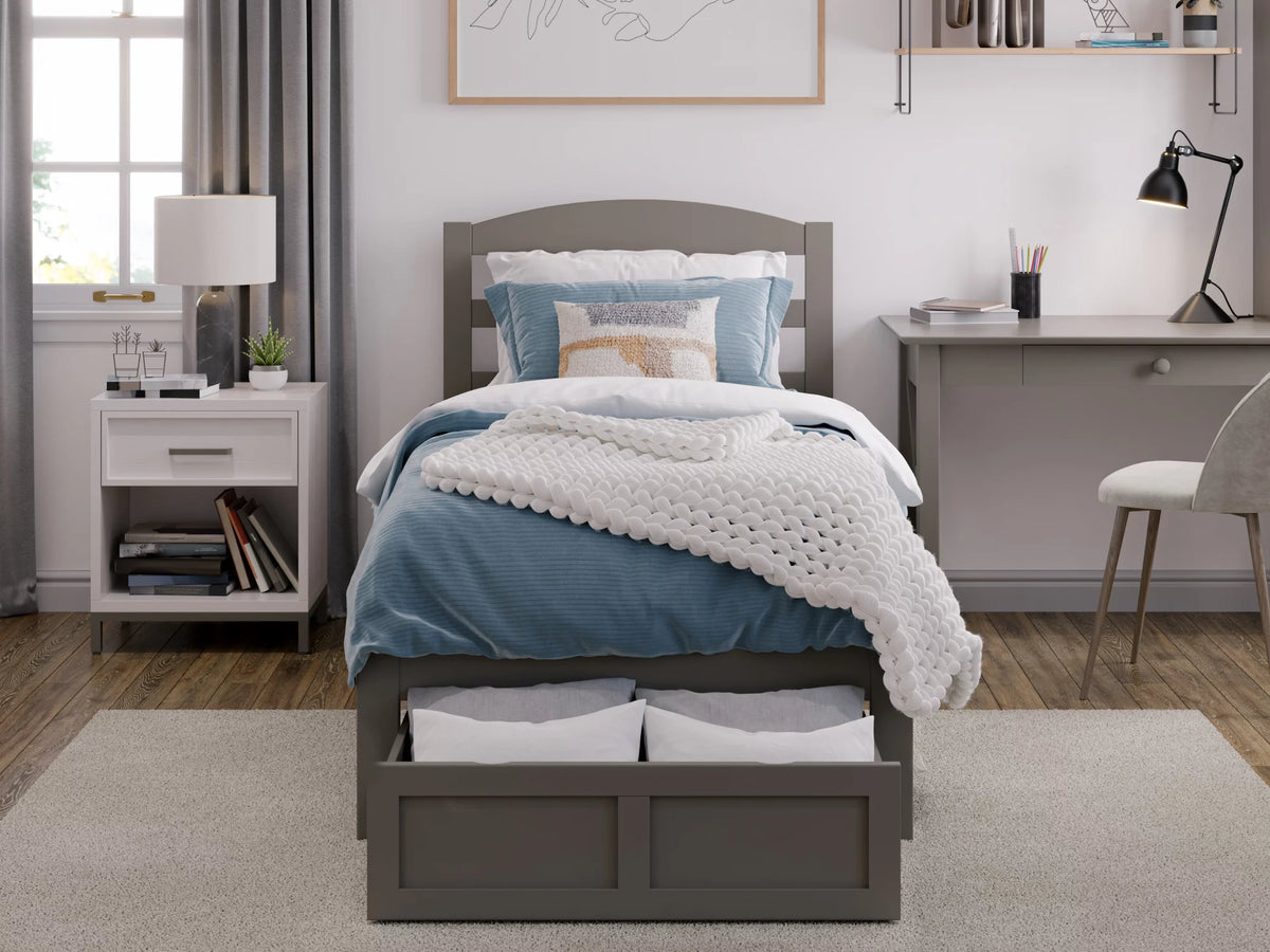 Grey Twin XL Wood Platform Bed Frame with Foot Drawer Storage S587