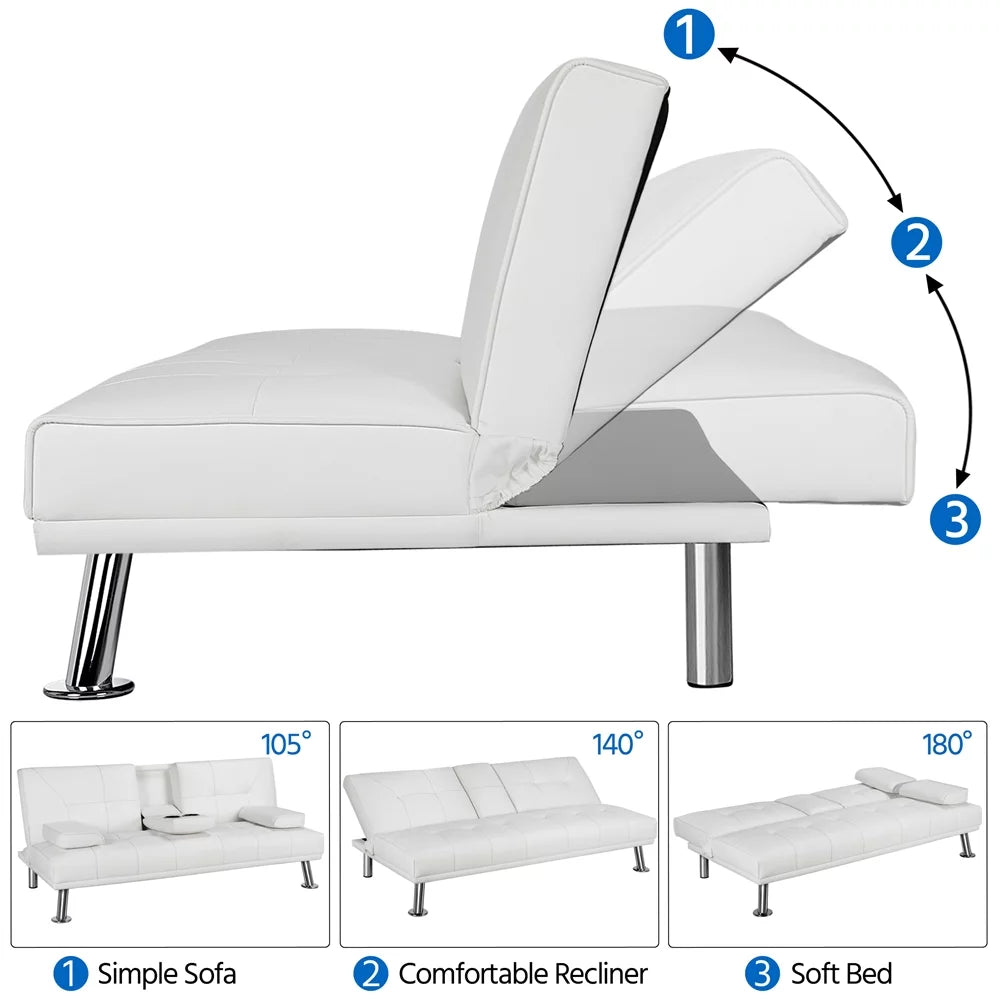 White Faux Leather Futon with Cupholders and Pillows D378139