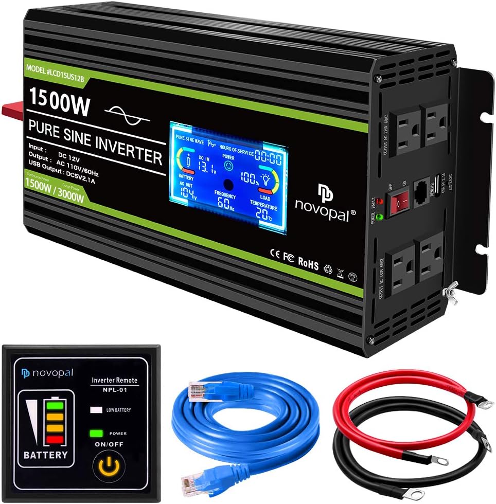 1500 watt Pure Sine Wave Power Inverter 12V to 110V/120V 4 AC Outlets N9306