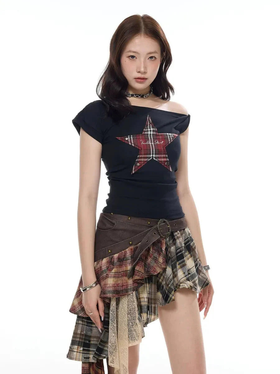 Irregular Plaid Ruffle Skirt T6842