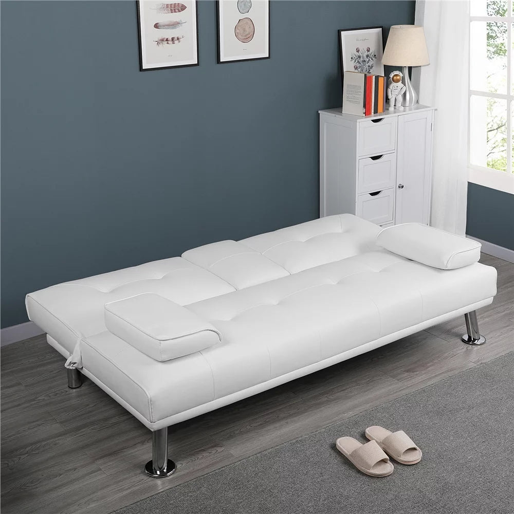 White Faux Leather Futon with Cupholders and Pillows D378139