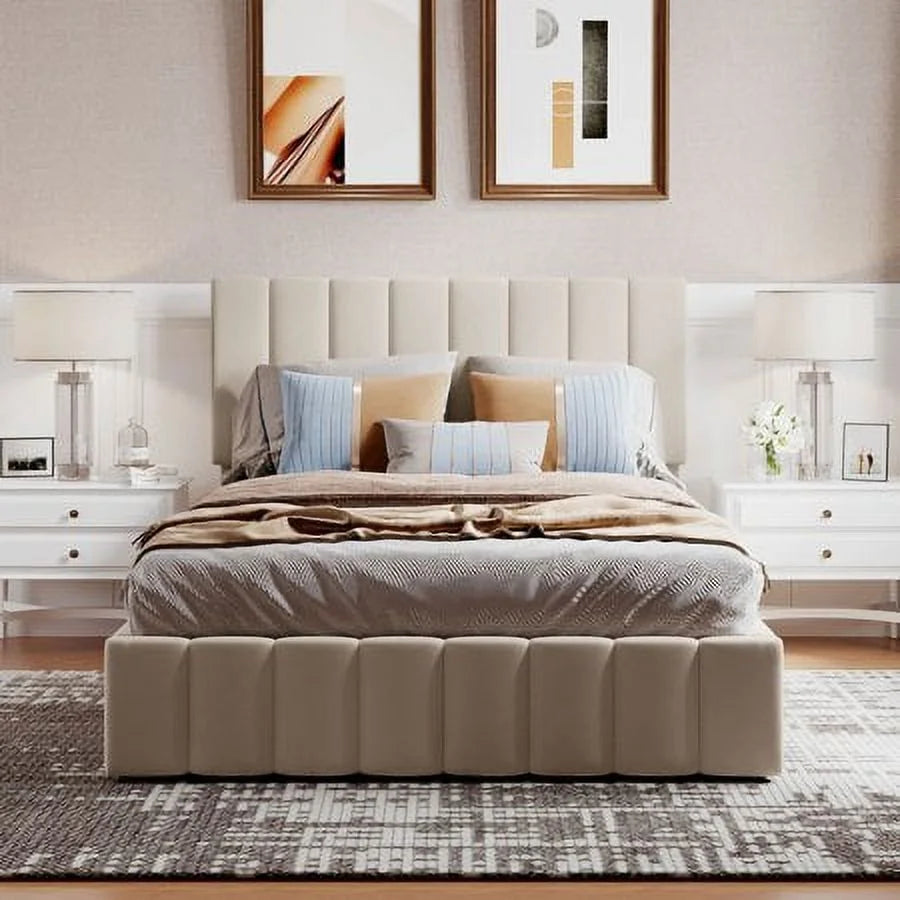 Full Size Hydraulic Storage Platform Bed with Upholstered Headboard, Beige D546