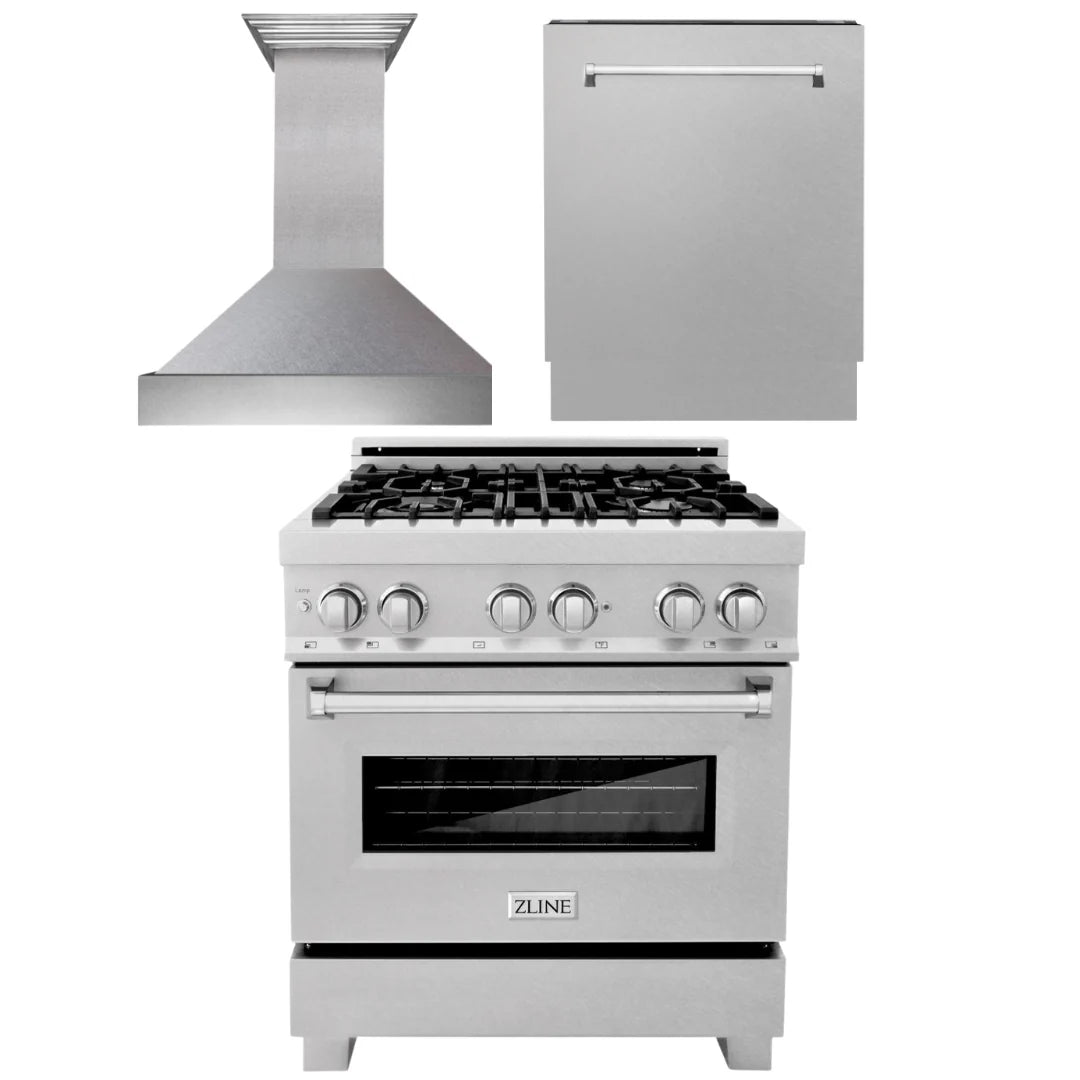 30 in. Dual Fuel Range, Range Hood and Dishwasher T564