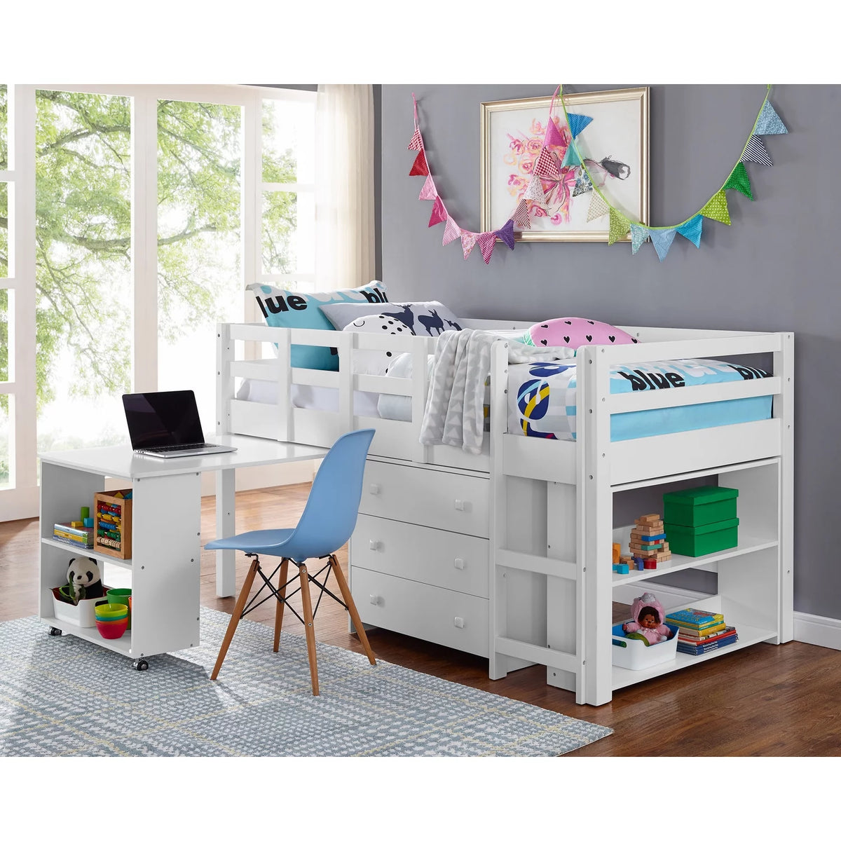 Twin Low Loft Bed with Desk, White M2796
