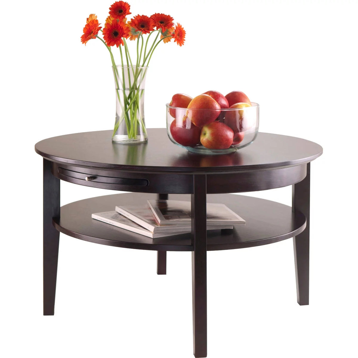 Espresso Finish Round Wood Coffee Table with Pull-Out Tray A4038