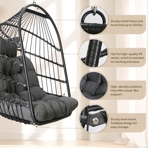 Foldable Wicker Rattan Hanging Egg Chair with Cushion W1964