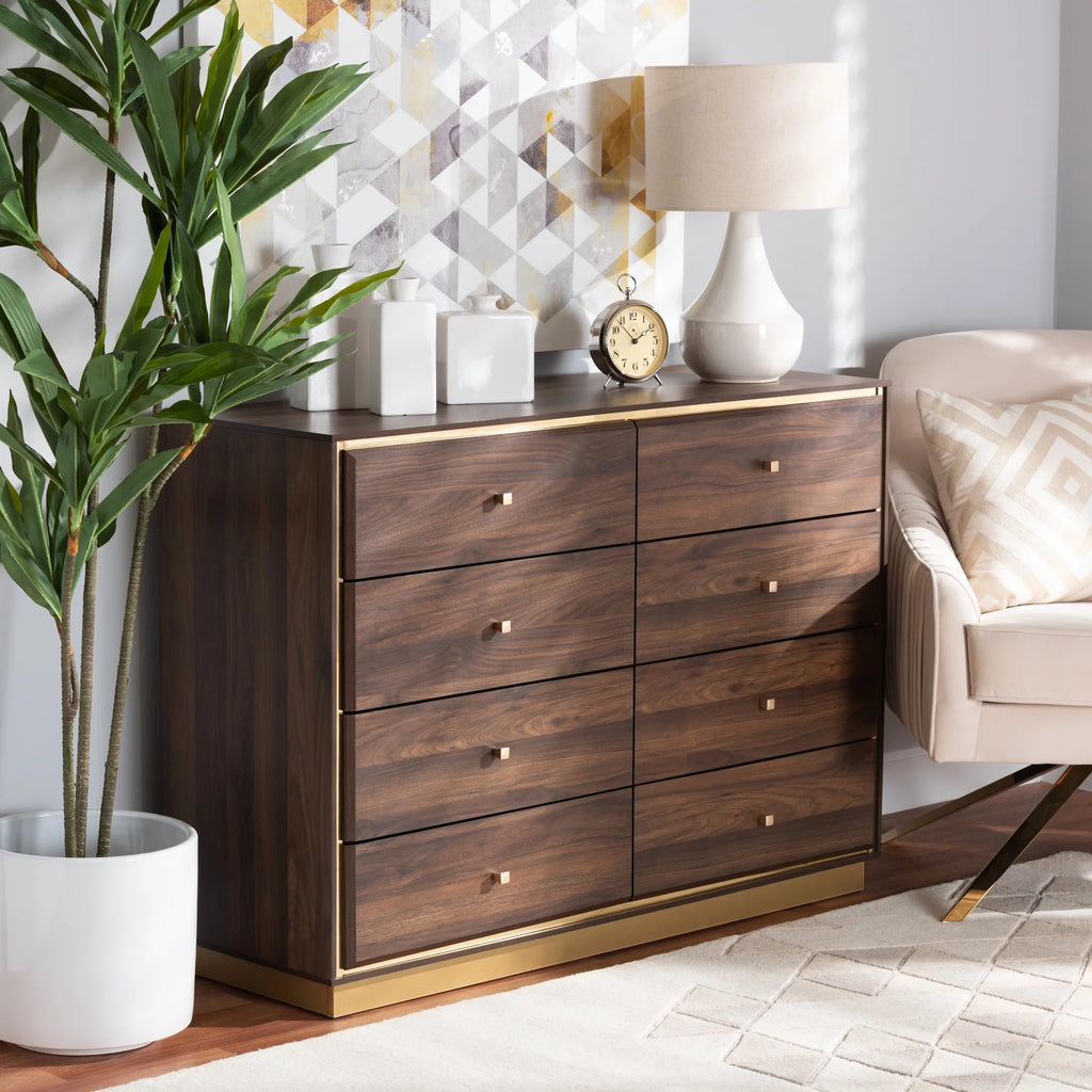 Walnut Brown Wood and Gold Metal 8-Drawer Dresser J803