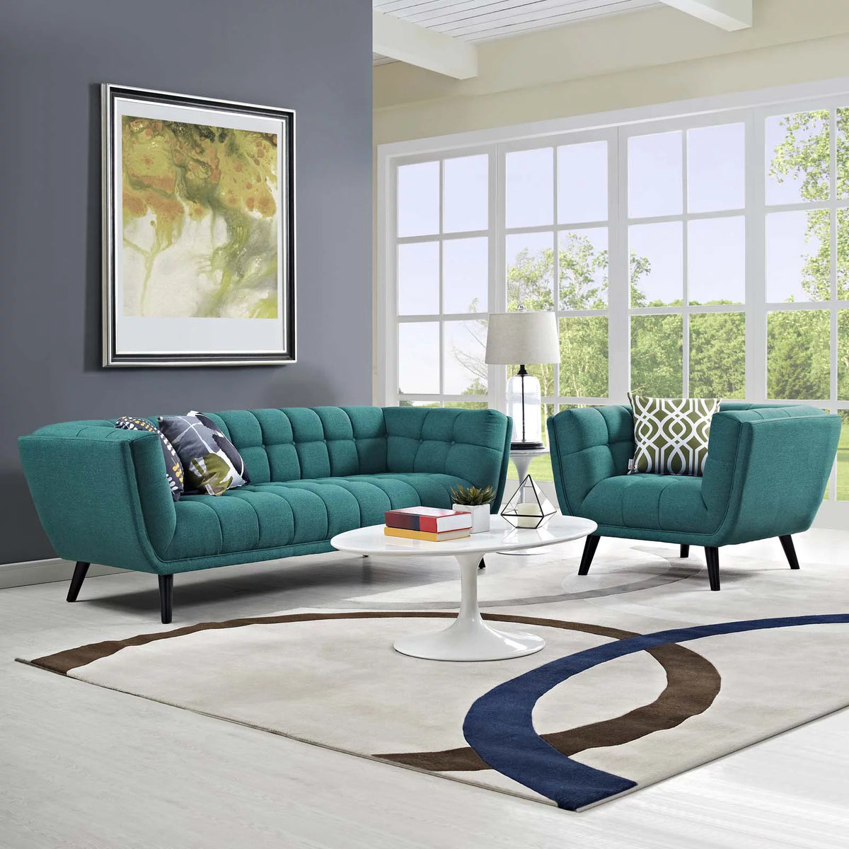 Fabric Aqua Blue Armchair and Sofa Set U457