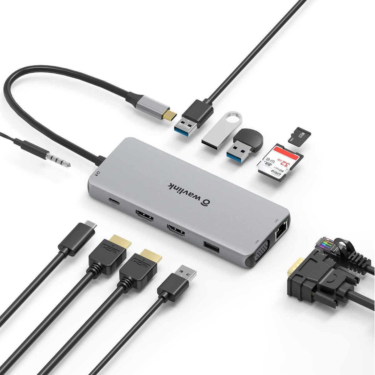 12-in-1 USB C Hub Docking Station Triple Display Type-C Adapter with Dual 4K HDMI / VGA Display Port, 87W PD3.0 Charging, Ethernet, Micro SD Card Reader, USB3.0 & 2 USB2.0 Ports L48437
