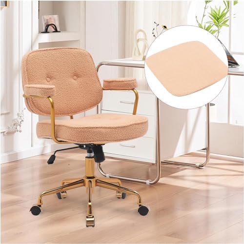 Camel Boucle Desk Chair with Wheels and Arms and Gold Metal Legs M81466