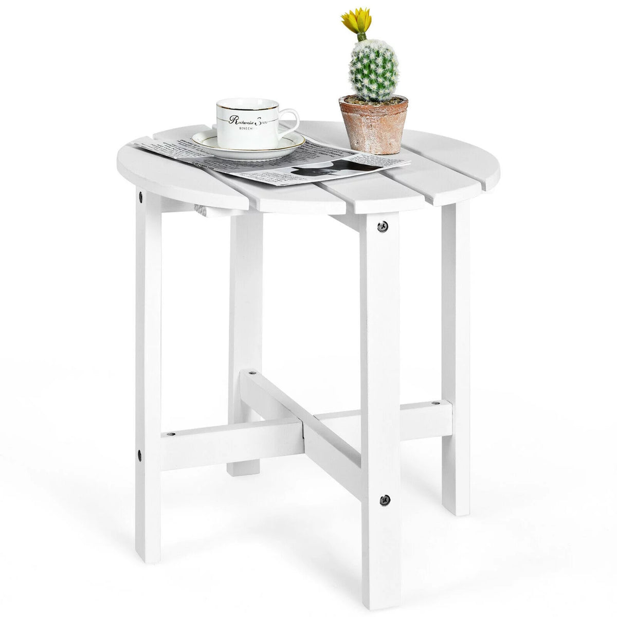 18" Round Wooden Slat Patio Side Table in White Y398