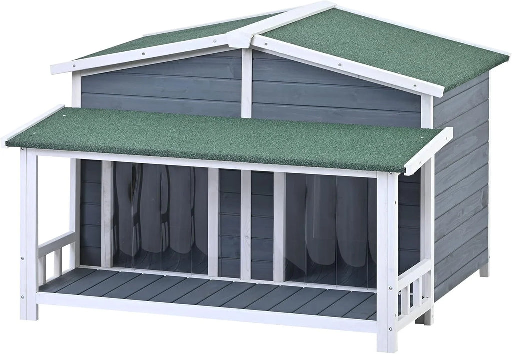 Gray Green Wooden Dog House with Porch 2 Doors I76606