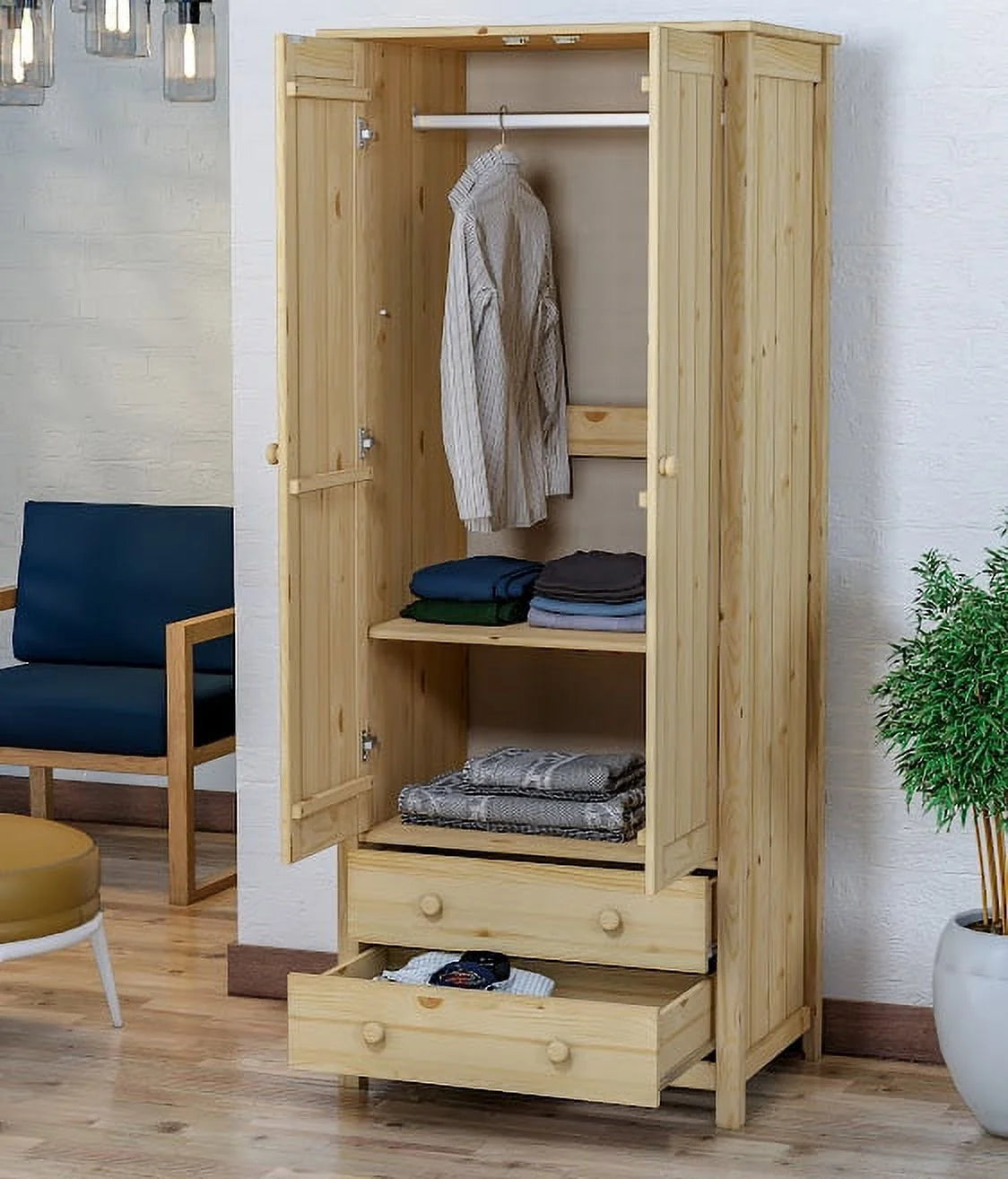 Unfinished Wood Wardrobe Closet with 2 Doors and 2 Drawers A9340