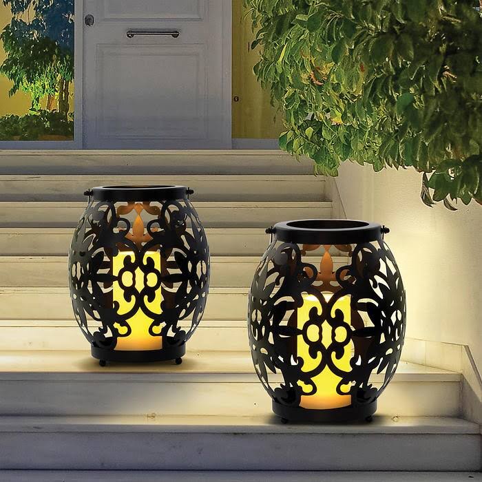 Black 2-Pack Metal Filigree Lantern with LED Candle R443167