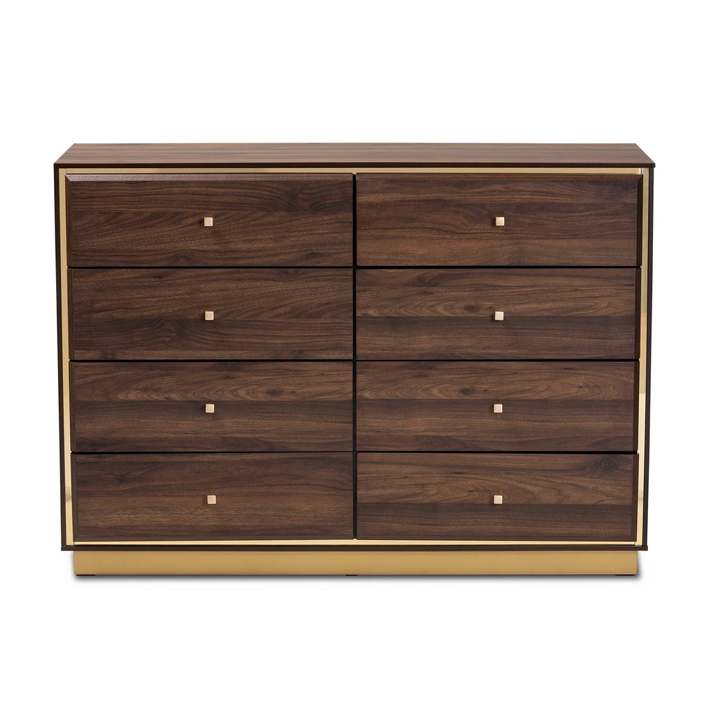 Walnut Brown Wood and Gold Metal 8-Drawer Dresser J803