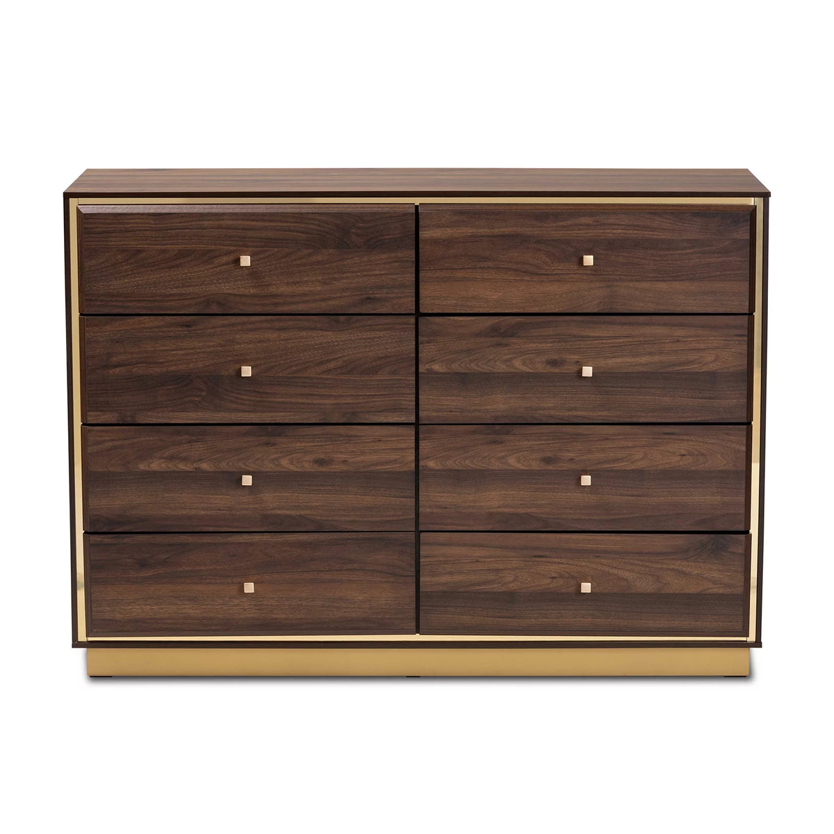 Walnut Brown Wood and Gold Metal 8-Drawer Dresser J803