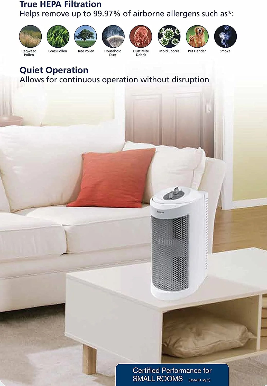 True HEPA Mini Tower Air Purifier with Ionizer White I778