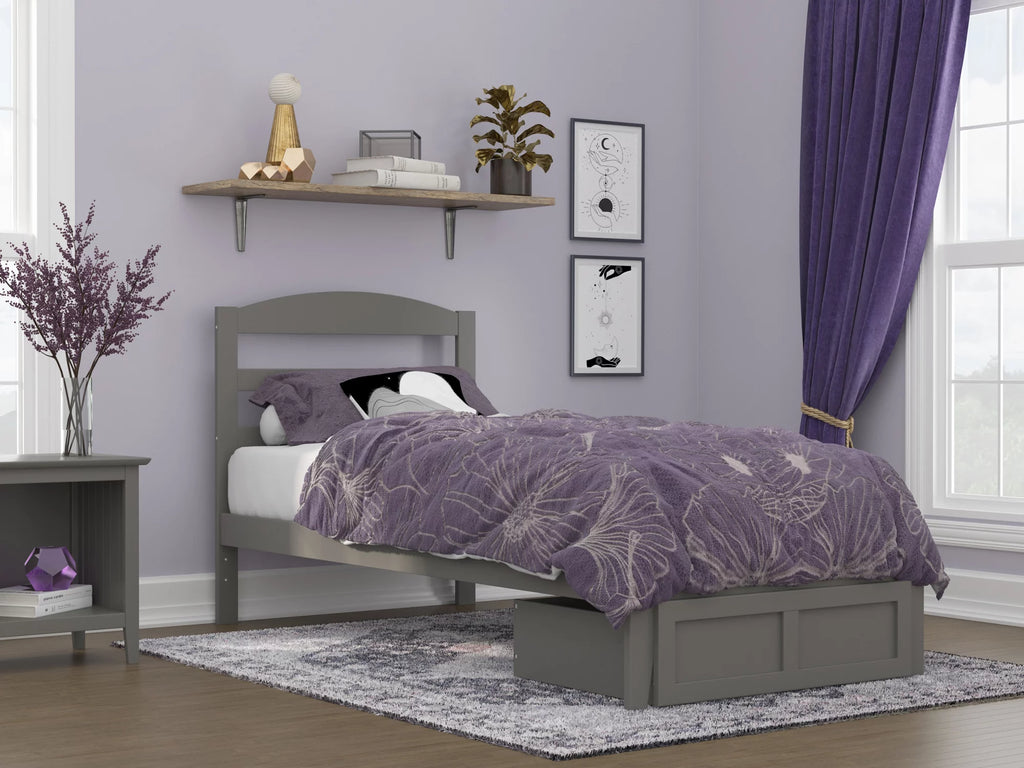 Grey Twin XL Wood Platform Bed Frame with Foot Drawer Storage S587