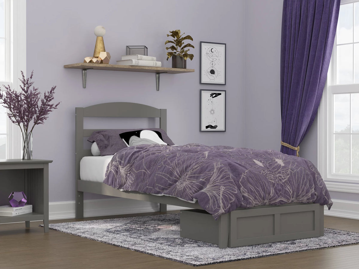 Grey Twin XL Wood Platform Bed Frame with Foot Drawer Storage S587