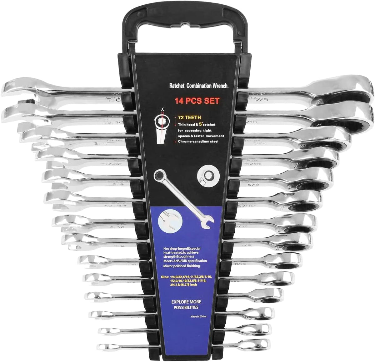 14-Piece Ratcheting Combination Wrench Set, Chrome Vanadium Steel P4123