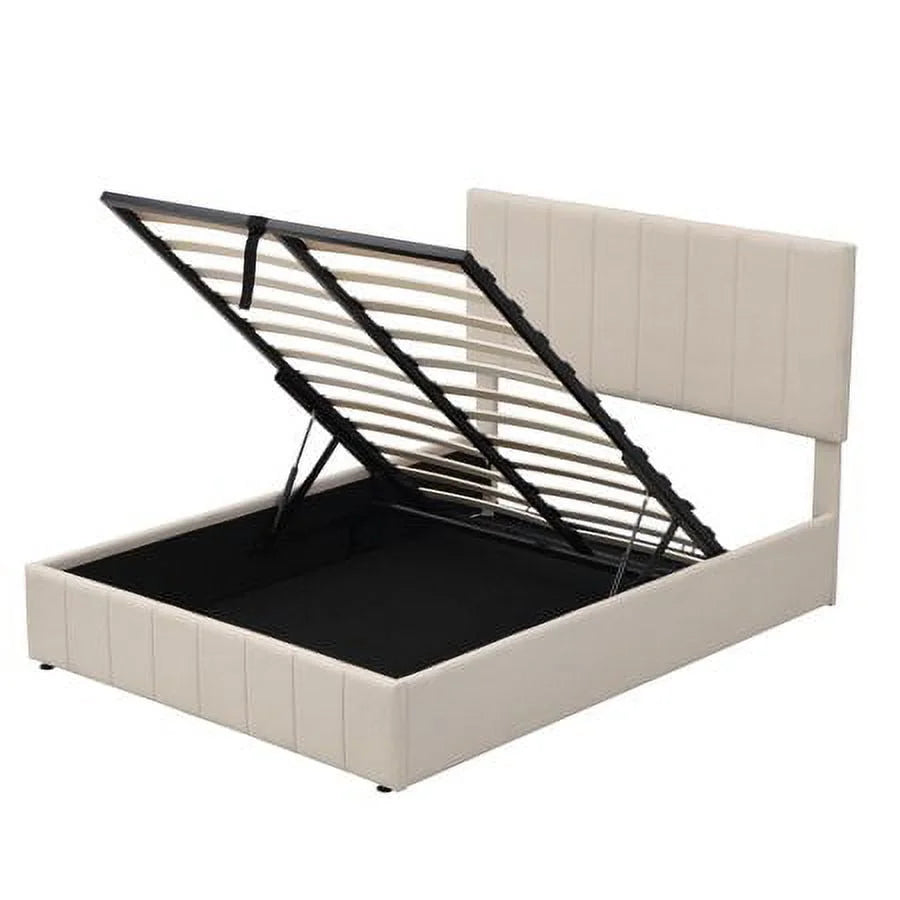 Full Size Hydraulic Storage Platform Bed with Upholstered Headboard, Beige D546