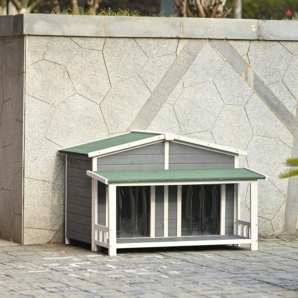 Gray Green Wooden Dog House with Porch 2 Doors I76606