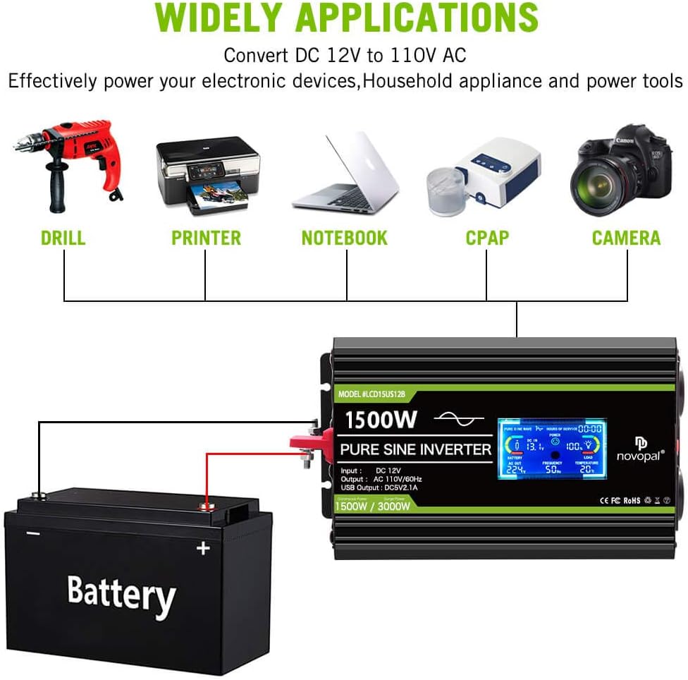 1500 watt Pure Sine Wave Power Inverter 12V to 110V/120V 4 AC Outlets N9306
