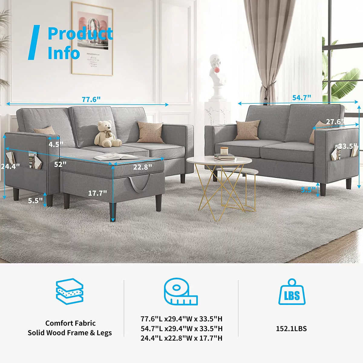 Light Gray Convertible Sectional Sofa with Storage Ottoman O78010