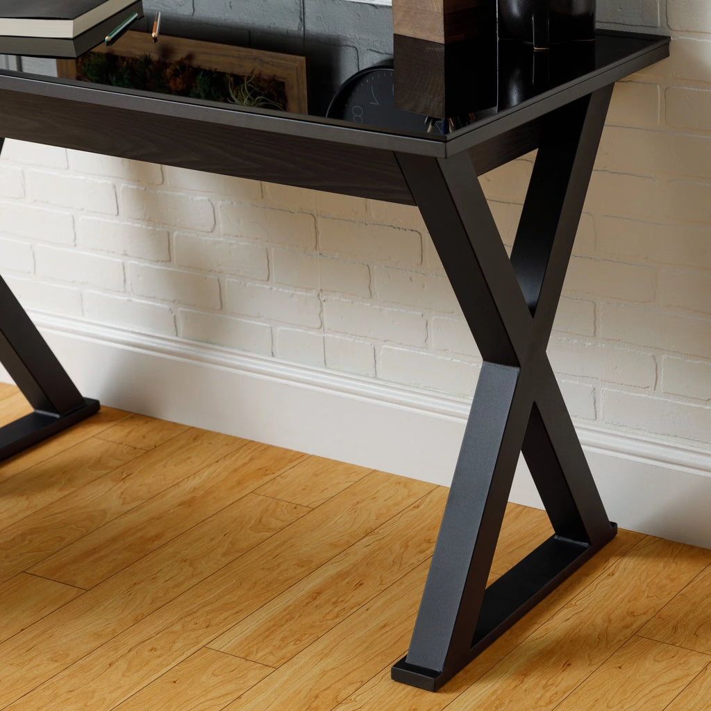 Black Glass Top Wood Computer Desk B12684