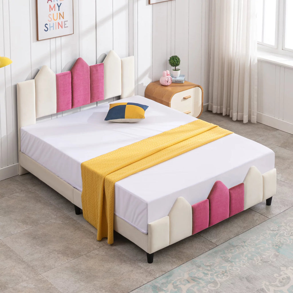 Pink and White Upholstered Twin Platform Bed Frame with Headboard B7733