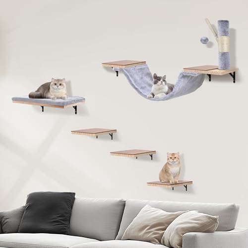 Beige Cat Wall Furniture Set with Hammock and Scratching Post W553164