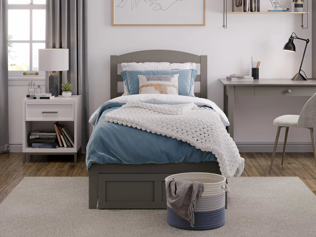 Grey Twin XL Wood Platform Bed Frame with Foot Drawer Storage S587