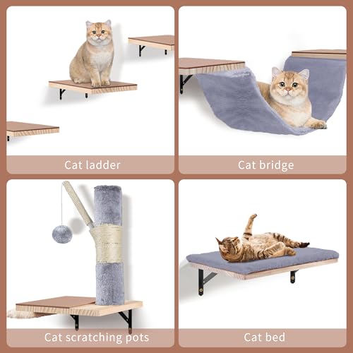 Beige Cat Wall Furniture Set with Hammock and Scratching Post W553164