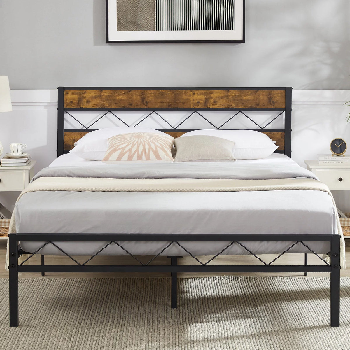 Queen Metal Bed Frame with Brown Wooden Headboard R203