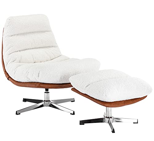Ivory Linen Oversized Swivel Lounge Chair with Ottoman Q576196