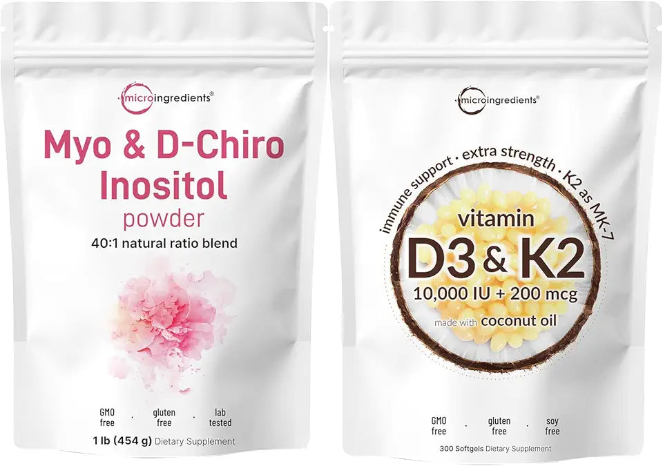 Vitamin D3 10,000iu + K2 200mcg Softgels & Myo & D-Chiro Inositol Powder 2 Pack C717