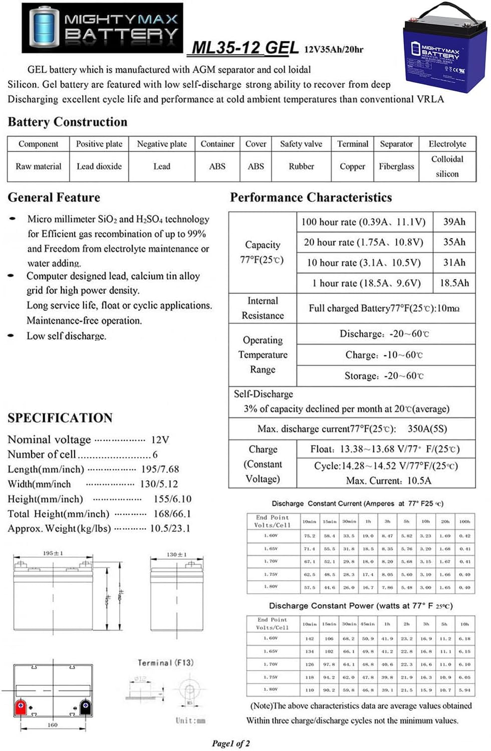 12V 35AH Gel Deep Cycle Battery I115