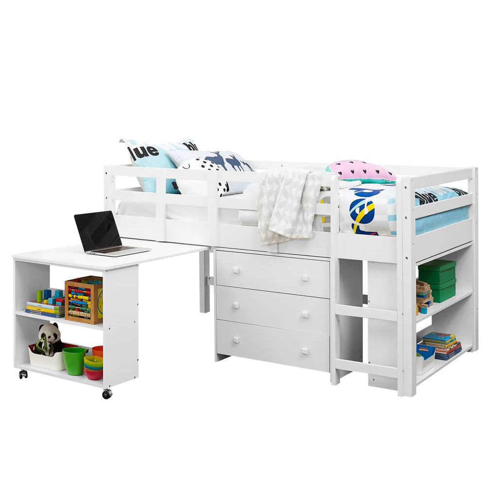 Twin Low Loft Bed with Desk, White M2796