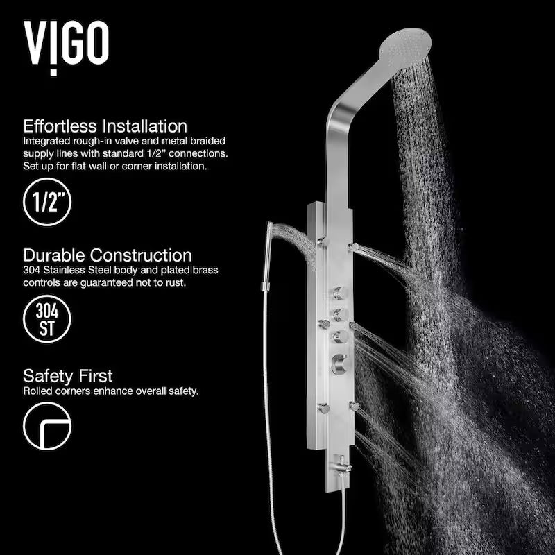 6-Jet Shower Panel System with Rainhead and Hand Shower Wand in Stainless Steel D9074