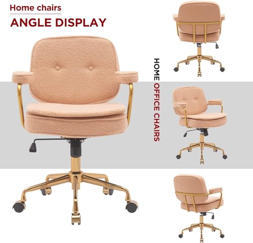 Camel Boucle Desk Chair with Wheels and Arms and Gold Metal Legs M81466