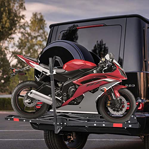 Motorcycle Carrier Hitch Mount 500 Lbs Dirt Bike Carrier Hauler Hitch Rack with Fixed Bracket and Lock Wheel Settings Removable Loading Ramp Anti-Tilt Locking Device K708462