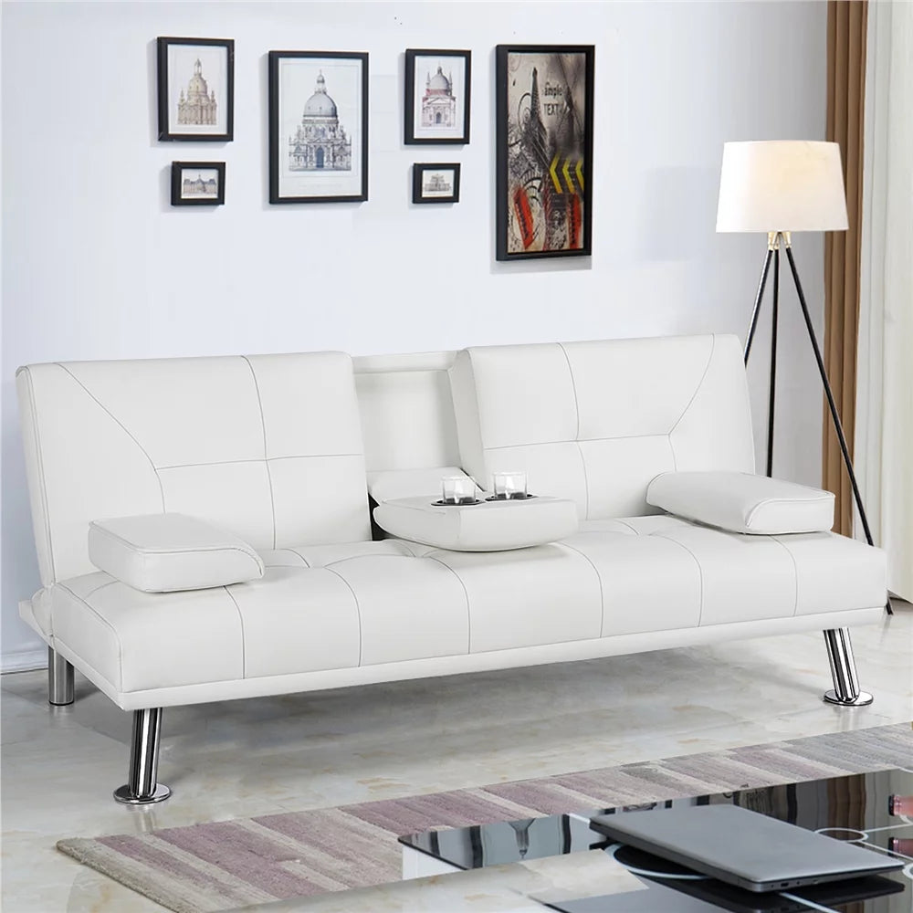 White Faux Leather Futon with Cupholders and Pillows D378139