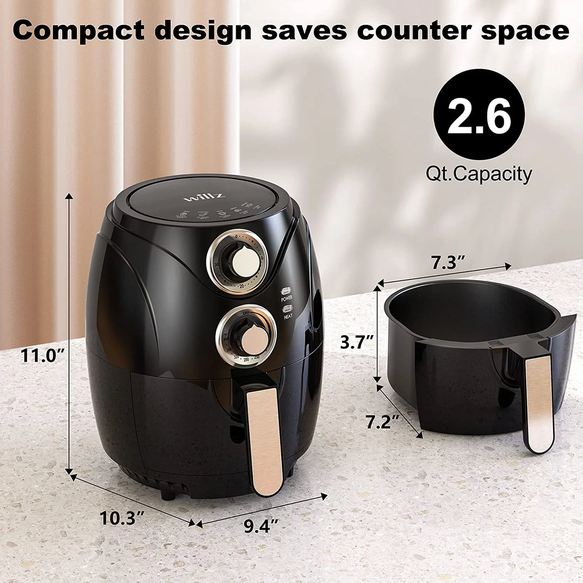 Compact Electric Air Fryer, Non-Stick Basket, 2.6 Quart, 1200W, Black L49524