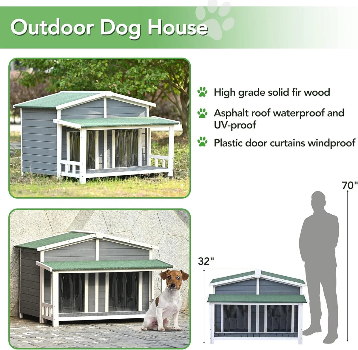 Gray Green Wooden Dog House with Porch 2 Doors I76606
