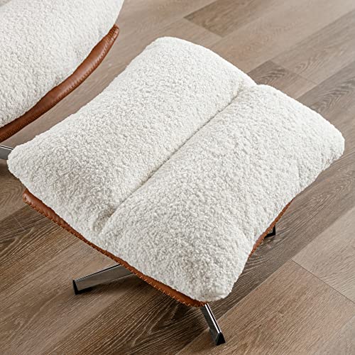 Ivory Linen Oversized Swivel Lounge Chair with Ottoman Q576196