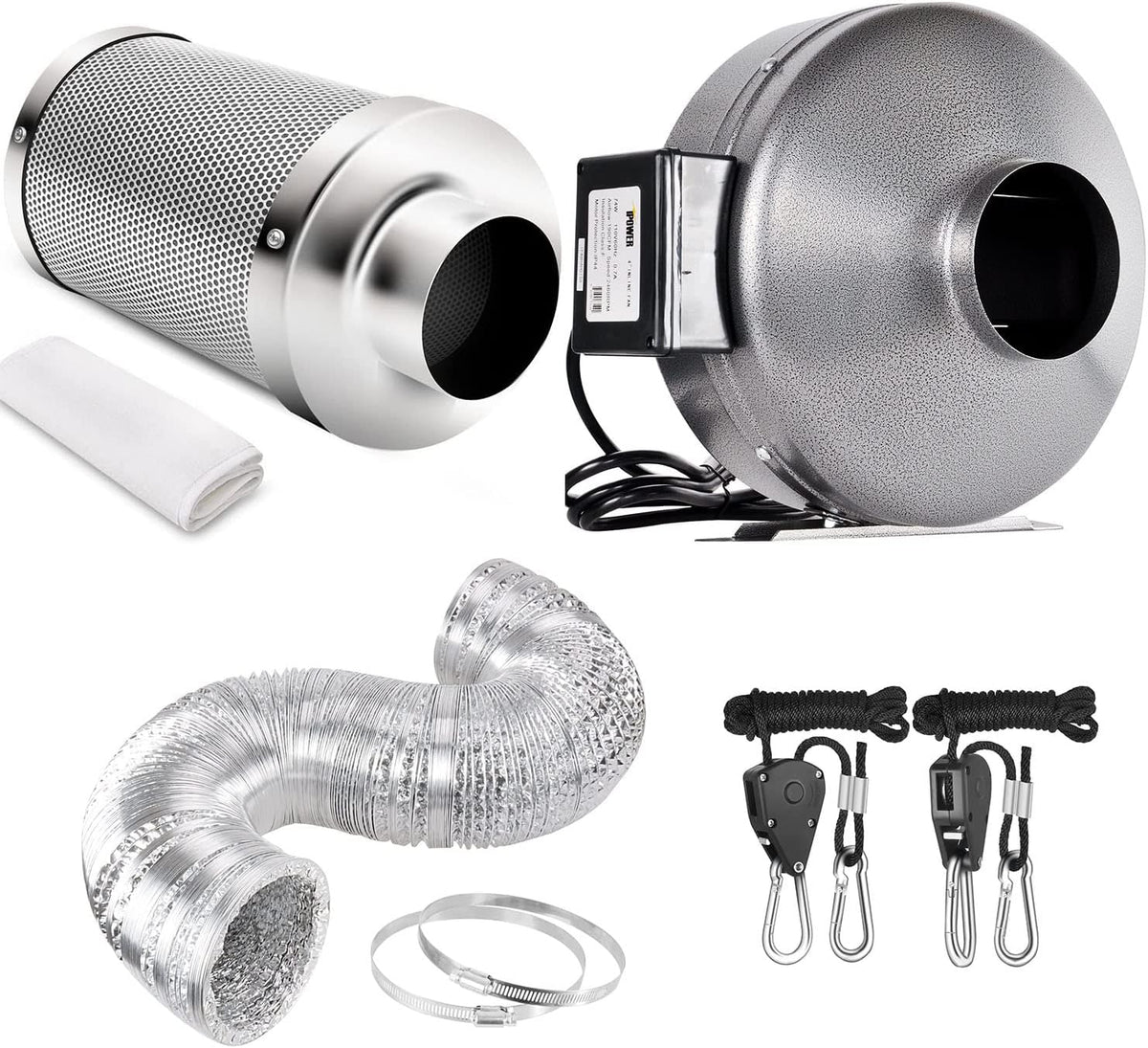 6 Inch 442 CFM Inline Fan with Carbon Filter Ducting and Rope Hangers U5873